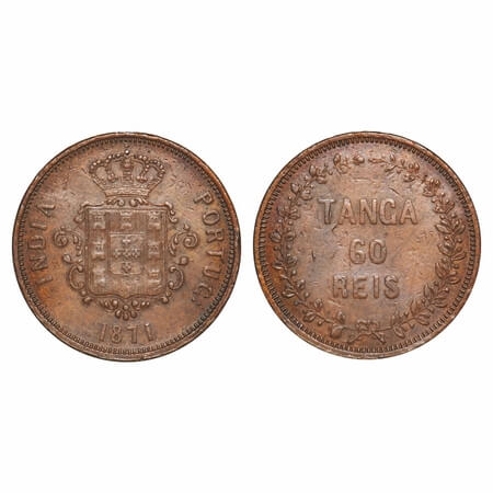 Indo Portuguese, Copper 60 Reis, 38.10g, D Luis (1861-1889 AD), 1871 AD, Goa issue, Coat o
