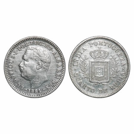 Indo Portuguese, Silver ¼ Rupia, 2.86g, D Luis (1861-1889 AD), 1881 AD, Goa issue, date, B