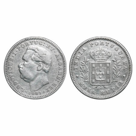 Indo Portuguese, Silver ½ Rupia, 5.63g, D Luis (1861-1889 AD), 1881 AD, Goa issue, date, B