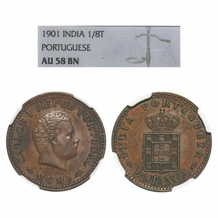 Indo Portuguese, Copper ¼ Tanga, D.Carlos (Colonial coinage), / MCMI (1901). A.Gomes (page