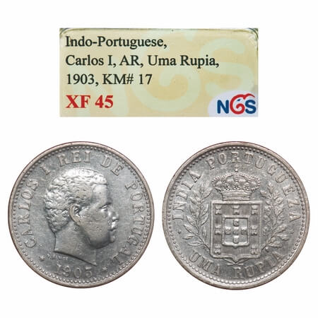Indo Portuguese, Silver Uma Rupee, D. Carlos, 1903 AD. A.Gomes (page 604) 05.01 / KM 17. N