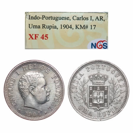 Indo Portuguese, Silver Uma Rupee, D. Carlos, 1904 AD. Obv: Bust & date, Rev: denomination