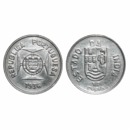 Indo Portuguese, Silver ½ Rupee, 5.77g, Republic (1910-1961 AD), 1936 AD. A.Gomes (page 60