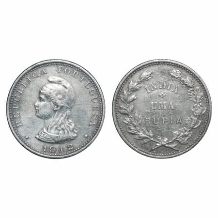 Indo Portuguese, Silver Rupia, 11.48g, Republic (1910-1961 AD), 1912 (overstruck 2 over 1 