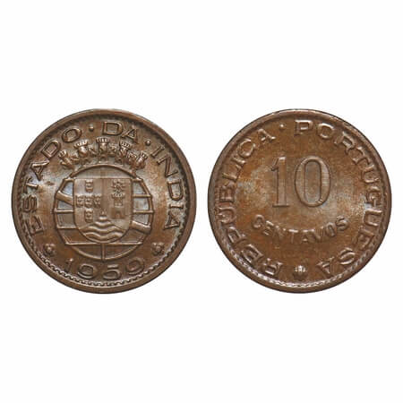 Indo Pourtuguese, Bronze, 2.03g, Republic (1910-1961 AD), 10 Centavos, 1959. A.Gomes (page