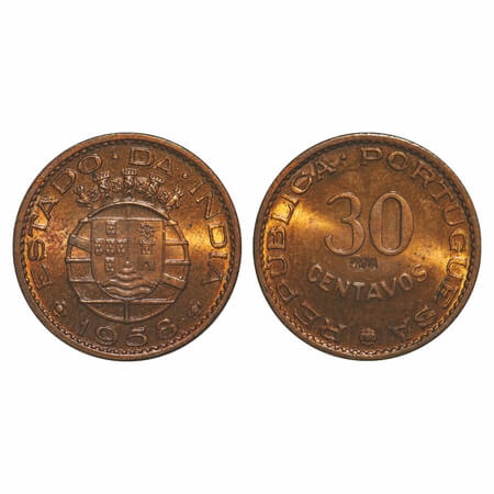 Indo Pourtuguese, Bronze Proof (Prova), 4.03g, Republic, 30 Centavos 1958 AD. A.Gomes (pag