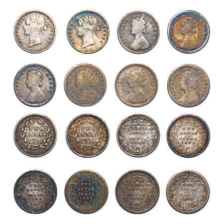 Victoria Queen & Empress, 2 Annas, (Lot of 8 coins), 1 & 2) 1841, DL, Calcutta Mint, W.W. 