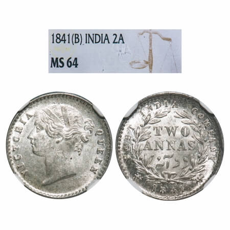 Victoria Queen, Silver, 2 Annas, 1841, DL, Bombay Mint, .W.W raised, Wreath with 9 Berries