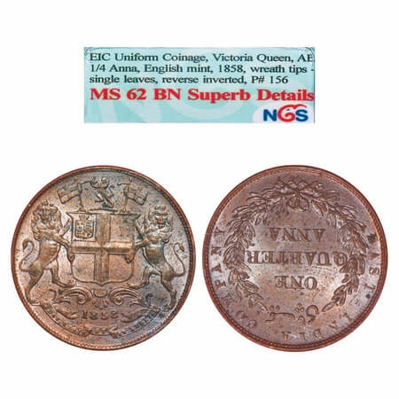 Victoria Queen, Copper, Quarter Anna, 1858, J. Watt & Co., Birmingham Mint, Single leaf, Y