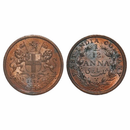 Victoria Queen, Copper, 1/12 Anna, 1848, Calcutta Mint, Wreath with 23 Berries (13L + 10R)