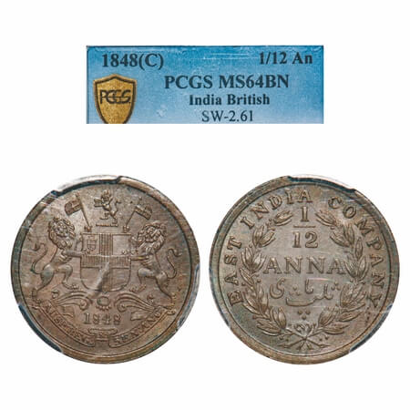 Victoria Queen, Copper, 1/12 Anna, 1848, Calcutta Mint, Rev I, Wreath with 23 Berries (13L
