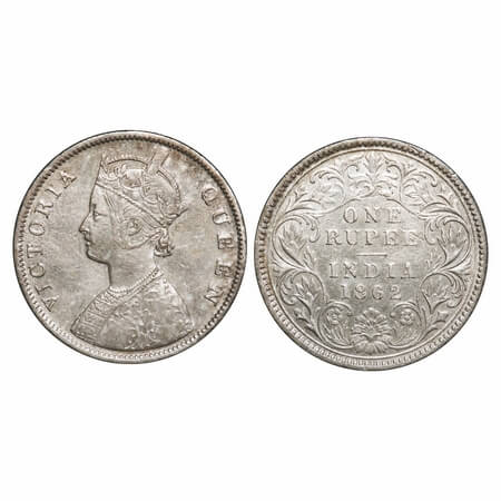 Victoria Queen, Silver, Rupee, 1862, Calcutta Mint, B/III, Embroidery in high relief. F. P