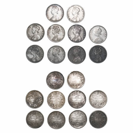 Victoria Queen, Silver, Rupee, 1862, (Lot of 10 coins), 1) Calcutta Mint, A/I, With initia