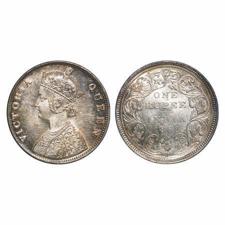 Victoria Queen, Silver, Rupee, 1862, Madras Mint, B/II, w/o enclosed frame effect and w/o 
