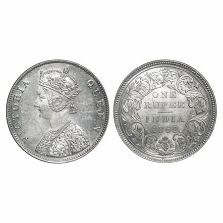 Victoria Queen, Silver, Rupee, 1862, Bombay Mint, B/II, Die crack on Rev, Ghost on Obv. F.