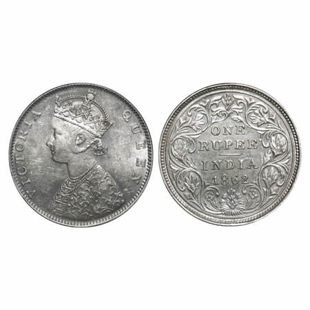 Victoria Queen, Silver, Rupee, 1862, Bombay Mint, D/II, The Queens jabot has 4 & 3/4 or 5 
