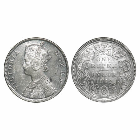 Victoria Queen, Silver, Rupee, 1862, Bombay Mint, B/II/2/0, 2 Medium size dots placed are 