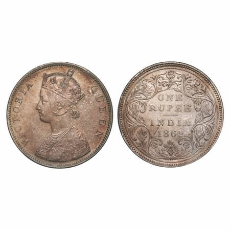 Victoria Queen, Silver, Rupee, 1862, Bombay Mint, B/II/2/0, Top Two dots placed are small 
