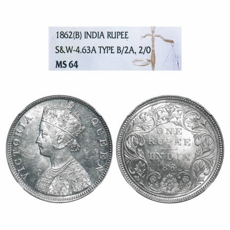 Victoria Queen, Silver, Rupee, 1862, Bombay Mint, B/II/2/0. F. Prid 71. GK 287. NGC Slab M