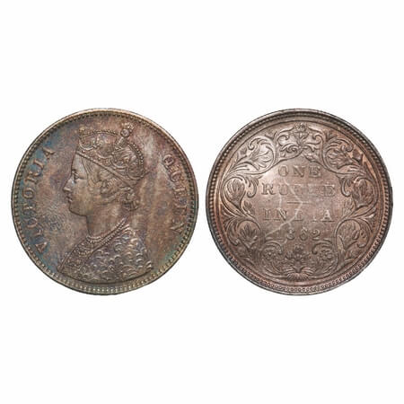 Victoria Queen, Silver, Rupee, 1862, Bombay Mint, A/II/0/4, w/o initial 'J', Top flower do