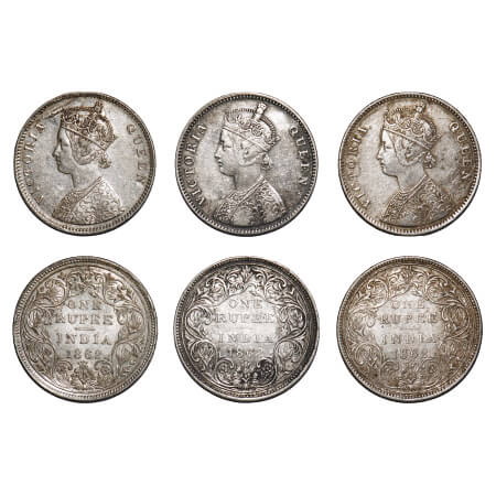 Victoria Queen, Silver, Rupee, 1862, (3 coins), Bombay Mint, A/II/0/4. F. Prid 79(3). GK 3