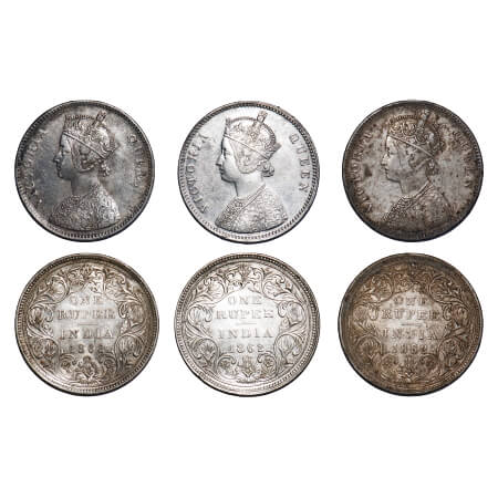 Victoria Queen, Silver, Rupee, 1862, (3 coins), Bombay Mint, 1) A/II/0/5, Complete 'D' in 