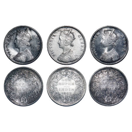 Victoria Queen, Silver, Rupee, 1862, (3 coins), Bombay Mint, A/II/0/6, Complete 'D' in Ind