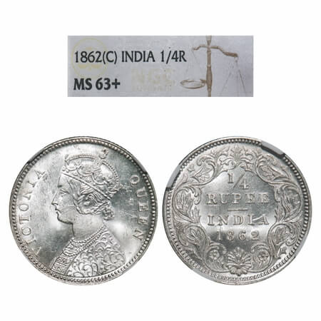 Victoria Queen, Silver, 1/4 Rupee, 1862, Calcutta Mint, A/I. F. Prid 376. GK 375. NGC Slab