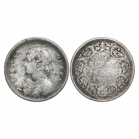 Victoria Queen, Silver, 1/4 Rupee, 1862, Calcutta Mint, A/I, Broken botton stroke of first