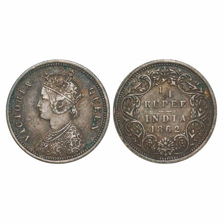 Victoria Queen, Silver, 1/4 Rupee, 1862, Bombay Mint, A/I, Error 1st letter 'I' in Victori