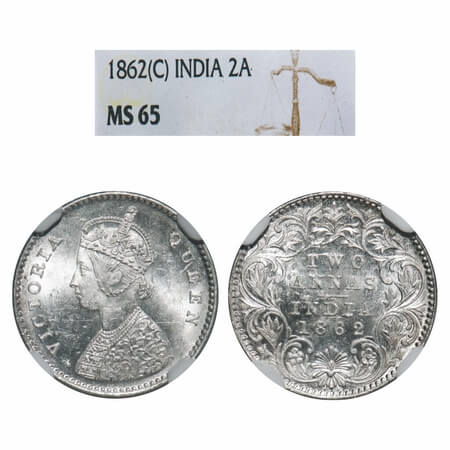 Victoria Queen, Silver, 2 Annas, 1862, Calcutta Mint, A/I, Bottom flower centre top petal 