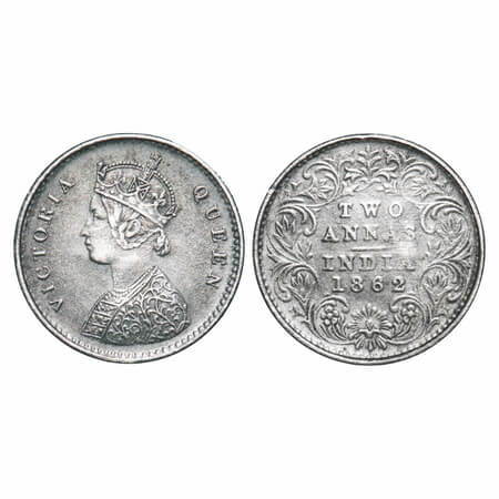 Victoria Queen, Silver, 2 Annas, 1862, Bombay Mint, A/I, Bottom flower top 3 petals same s
