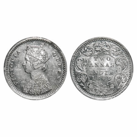 Victoria Queen, Silver, 2 Annas, 1862, Bombay Mint, A/I, Bottom flower centre top petal br