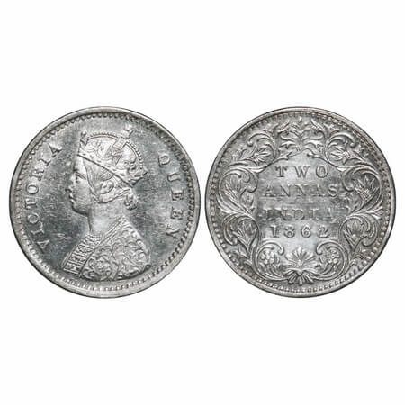 Victoria Queen, Silver, 2 Annas, 1862, Bombay Mint, A/I, Bottom flower centre top petal br