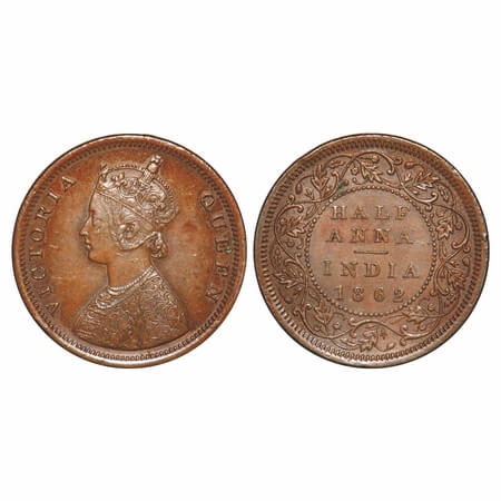 Victoria Queen, Copper, 1/2 Anna, 1862, Calcutta Mint, A/II, Pineapple like flower buds. F