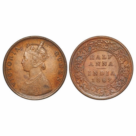 Victoria Queen, Copper, 1/2 Anna, 1862, Madras Mint, A/I, Smudged type flowers. F. Prid. G