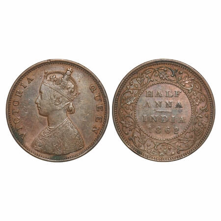 Victoria Queen, Copper, 1/2 Anna, 1862, Madras Mint, A/I(i), Flowers with 5 dots around a