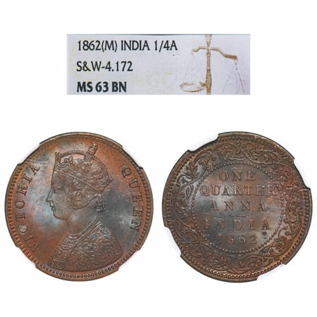 Victoria Queen, Copper, Quarter Anna, 1862, Madras Mint, A/I, No mint mark. F. Prid 604. G