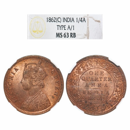 Victoria Queen, Copper, Quarter Anna, 1862, Calcutta Mint, A/I, No mint mark. F. Prid 600.