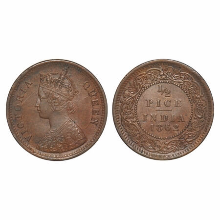 Victoria Queen, Copper, Half Pice, 1862, Calcutta Mint, A/I, The numeral 1 of year date 18