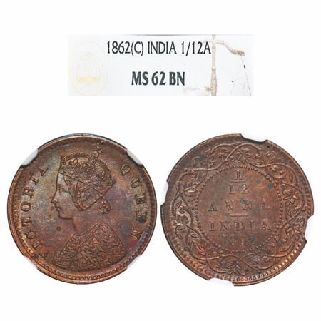 Victoria Queen, Copper, 1/12 Anna, 1862, Calcutta Mint, A/I. F. Prid 780. GK 403. NGC Slab