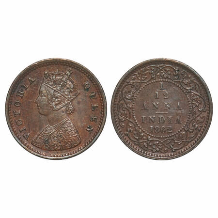 Victoria Queen, Copper, 1/12 Anna, 1862, Bombay Mint, A/I. F. Prid 782. GK 404. About Unci