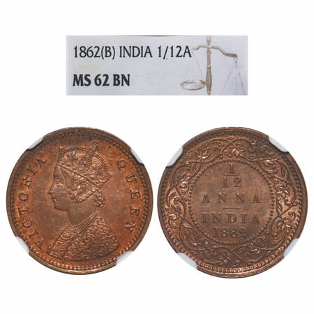 Victoria Queen, Copper, 1/12 Anna, 1862, Bombay Mint, A/I. F. Prid 782. GK 404. NGC Slab M