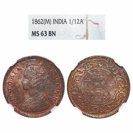 Victoria Queen, Copper, 1/12 Anna, 1862, Madras Mint, A/I. F. Prid 781. GK 405. NGC Slab M