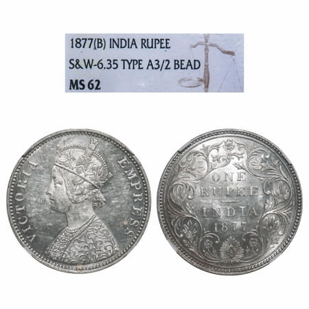 Victoria Empress, Silver, Rupee, 1877, Bombay Mint, A3/II(i), Dot. F. Prid Unlisted. GK 44