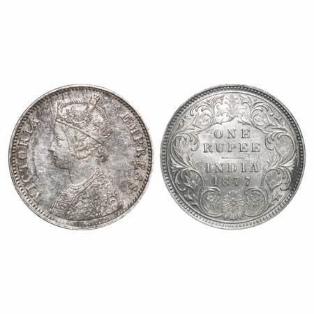 Victoria Empress, Silver, Rupee, 1877, Bombay Mint, A3/I, Dot. F. Prid 150. GK 444. Extrem