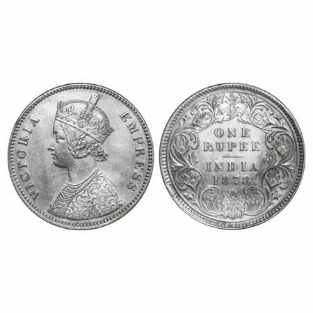 Victoria Empress, Silver, Rupee, 1878, Calcutta Mint, A1/I, No mint mark. F. Prid 116. GK 