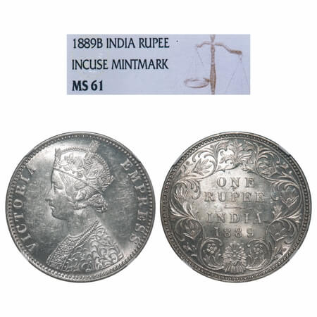 Victoria Empress, Silver, Rupee, 1889, Bombay Mint, C2/I, 'B' incused. F. Prid 177. GK 564