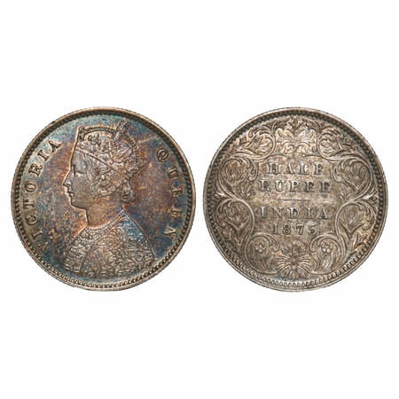 Victoria Queen, Silver, Half Rupee, 1875, Calcutta Mint, A/I, No mint mark, Tilted numeral