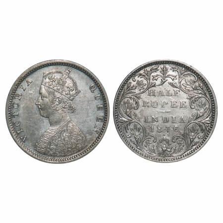 Victoria Queen, Silver, Half Rupee, 1876, Bombay Mint, B2/II, Dot. F. Prid 287. GK 606. Ab